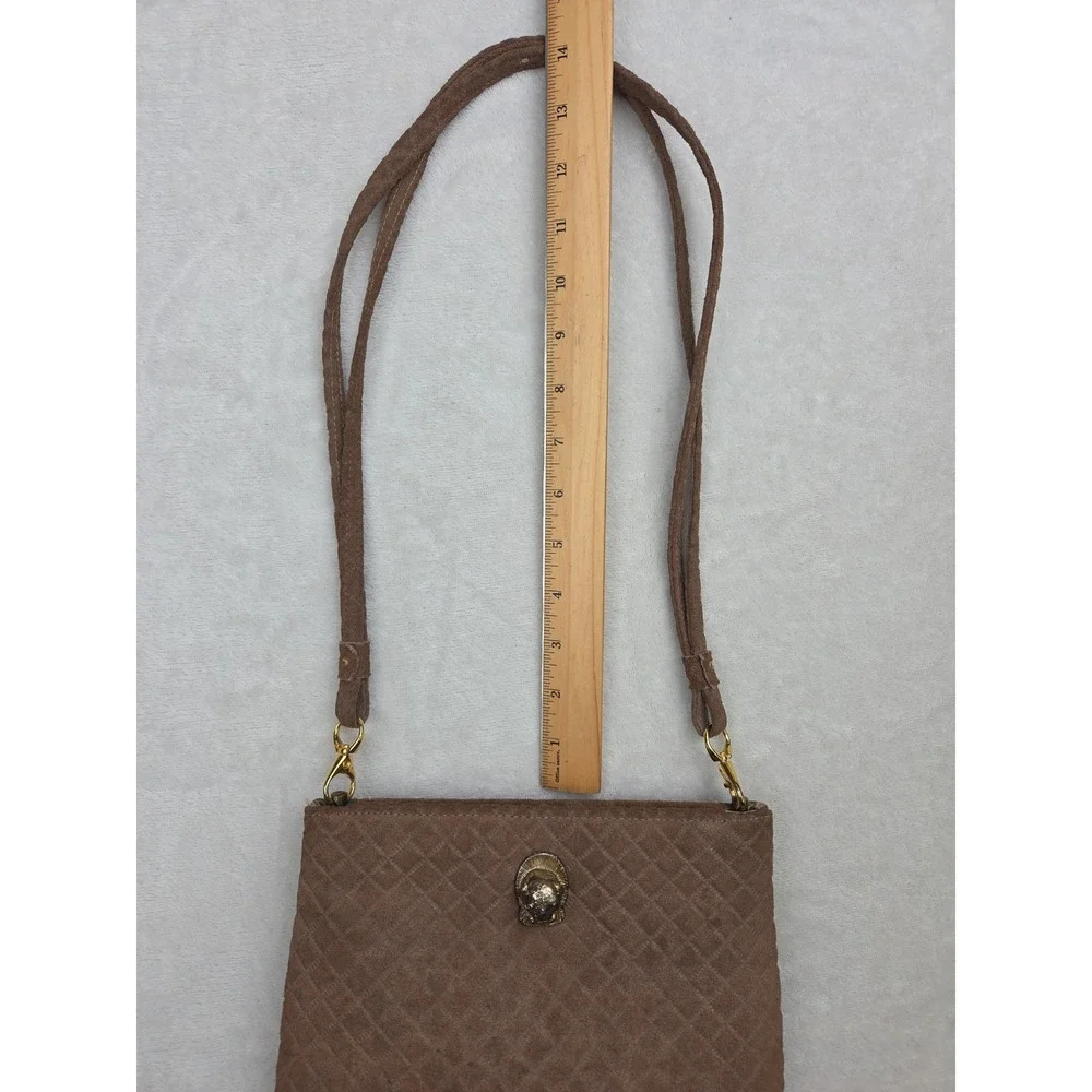 Vintage Ruth Saltz BROWN SUEDE Cougar Hinge Shoulder EVENING BAG Purse Tan Quilt